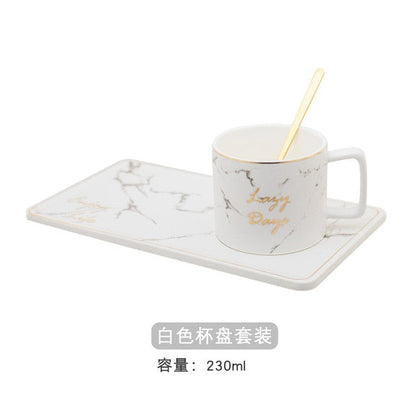 Creative Nordic Marble Ceramic Cup,Golden Trim Coffee Cup Set,Marble Cup with Plate and Spoon,230ml